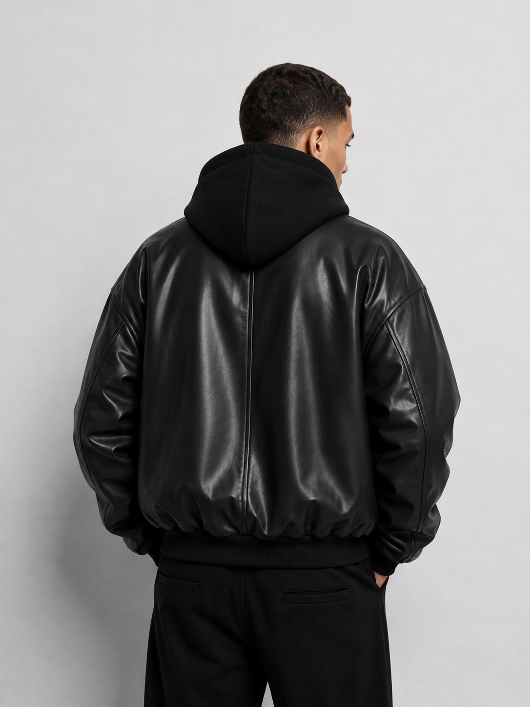 Premium Black Hooded Leather Bomber Jacket – Unisex