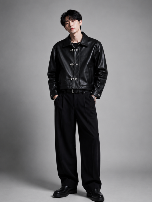 Black Cropped Metal Clasp Leather Jacket