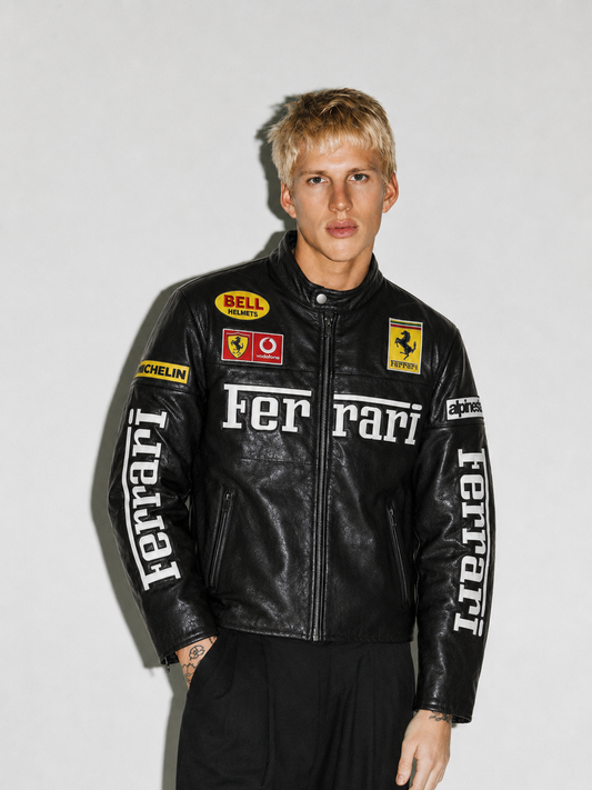 Black Ferrari Racing Style Leather Jacket