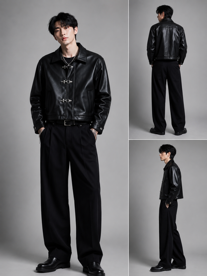 Black Cropped Metal Clasp Leather Jacket