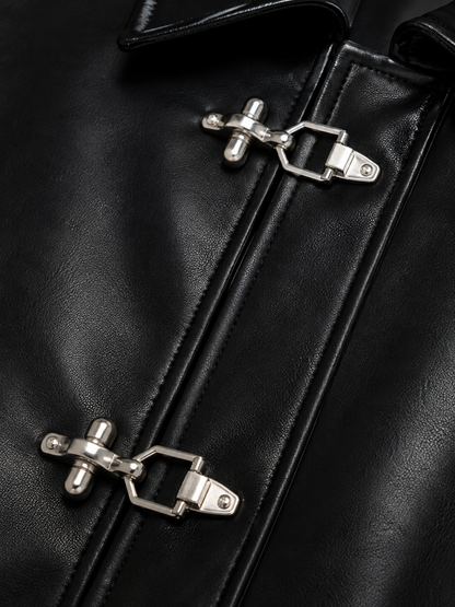 Black Cropped Metal Clasp Leather Jacket