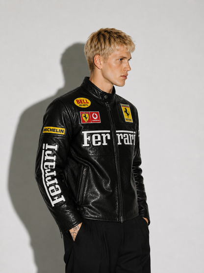 Black Ferrari Racing Style Leather Jacket
