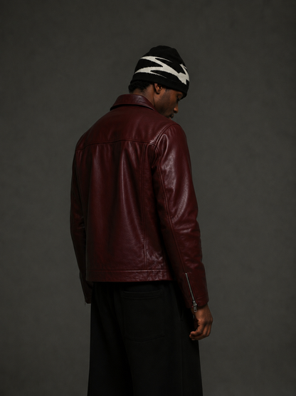 Classic Cherry red Unisex Collar Leather Jacket –