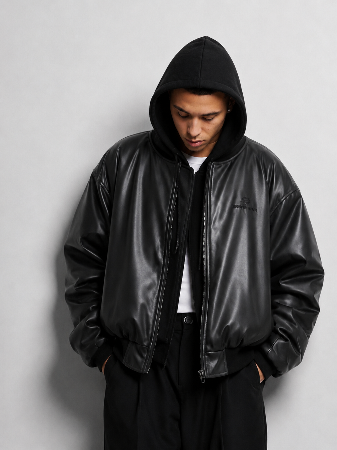 Premium Black Hooded Leather Bomber Jacket – Unisex