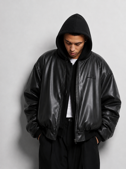 Premium Black Hooded Leather Bomber Jacket – Unisex