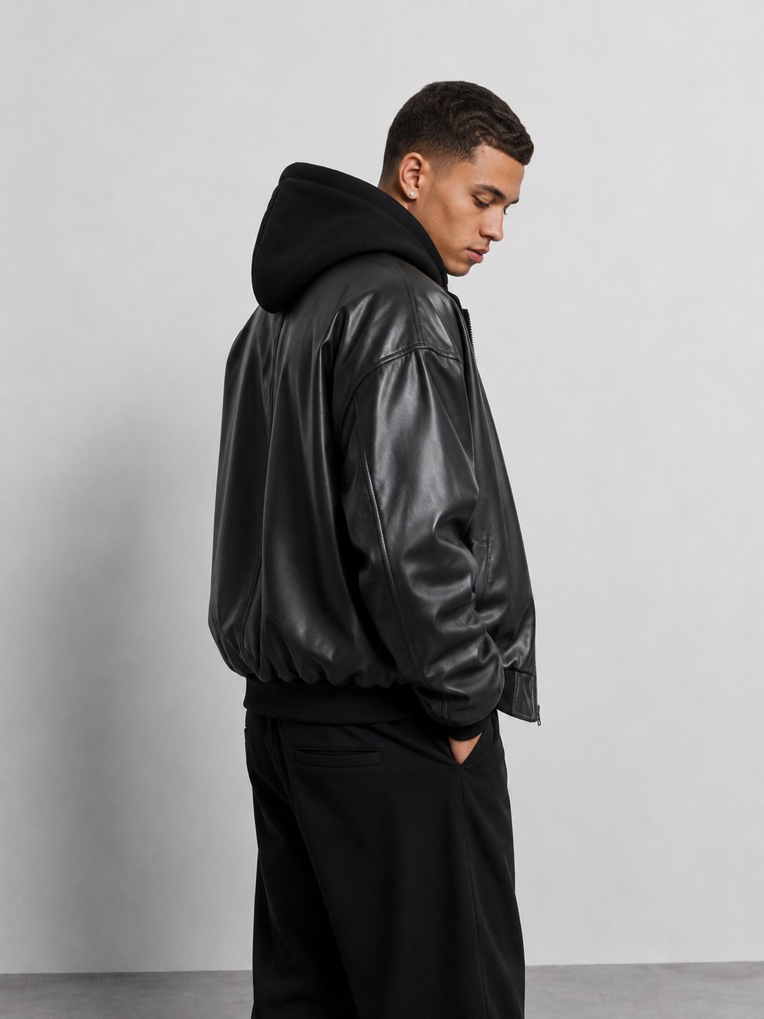 Premium Black Hooded Leather Bomber Jacket – Unisex