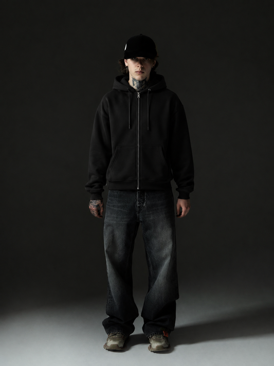 Black Zip-Up Oversized Hoodie