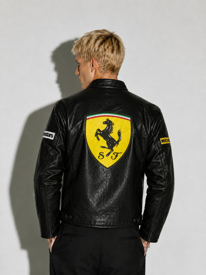 Black Ferrari Racing Style Leather Jacket