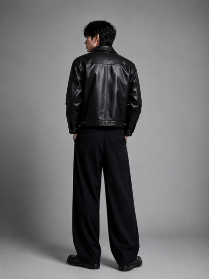 Black Cropped Metal Clasp Leather Jacket
