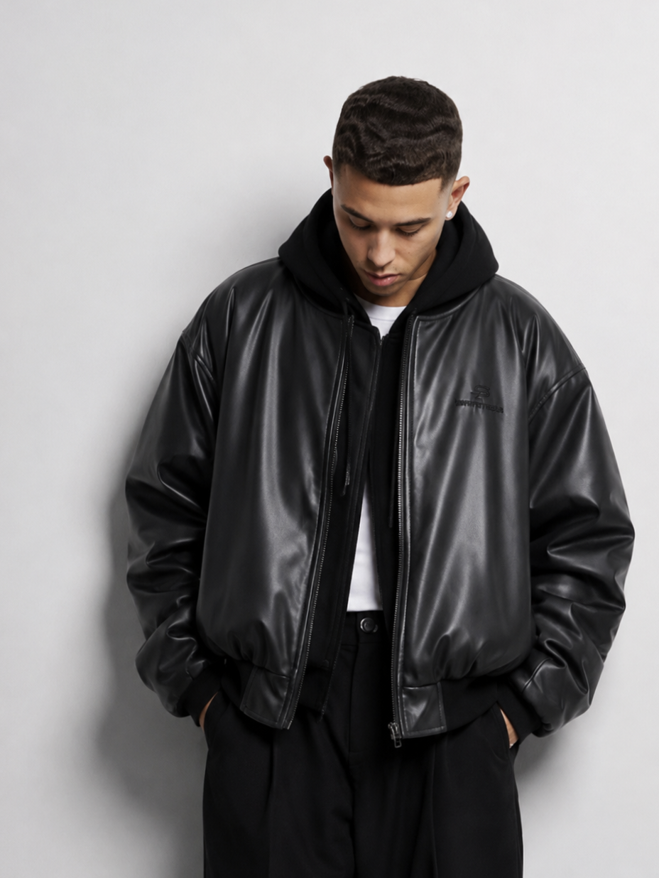 Premium Black Hooded Leather Bomber Jacket – Unisex
