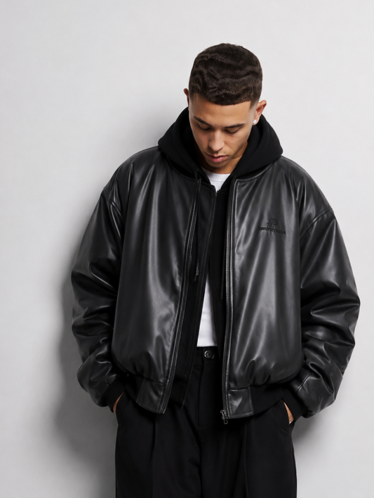 Premium Black Hooded Leather Bomber Jacket – Unisex