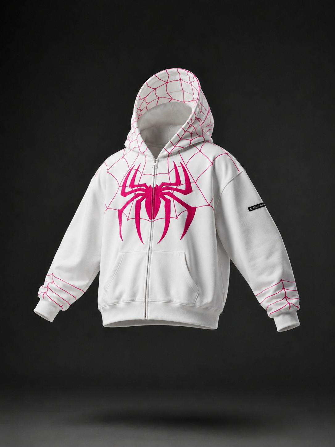 White Spider Web Zip-Up Hoodie,,