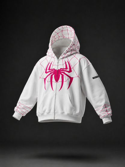 White Spider Web Zip-Up Hoodie,,