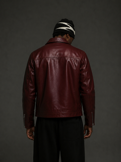 Classic Cherry red Unisex Collar Leather Jacket –