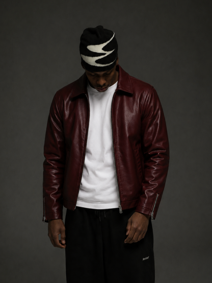 Classic Cherry red Unisex Collar Leather Jacket –