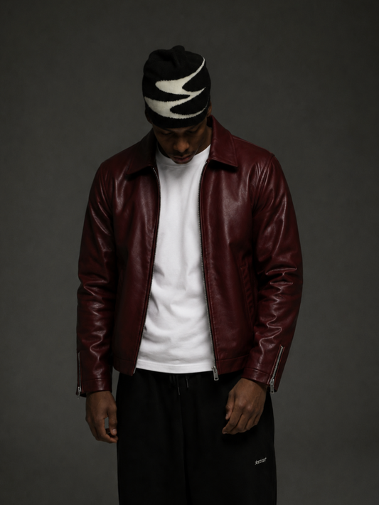 Classic Cherry red Unisex Collar Leather Jacket –