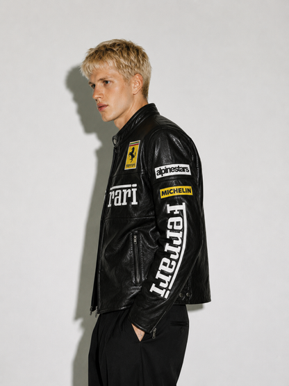 Black Ferrari Racing Style Leather Jacket