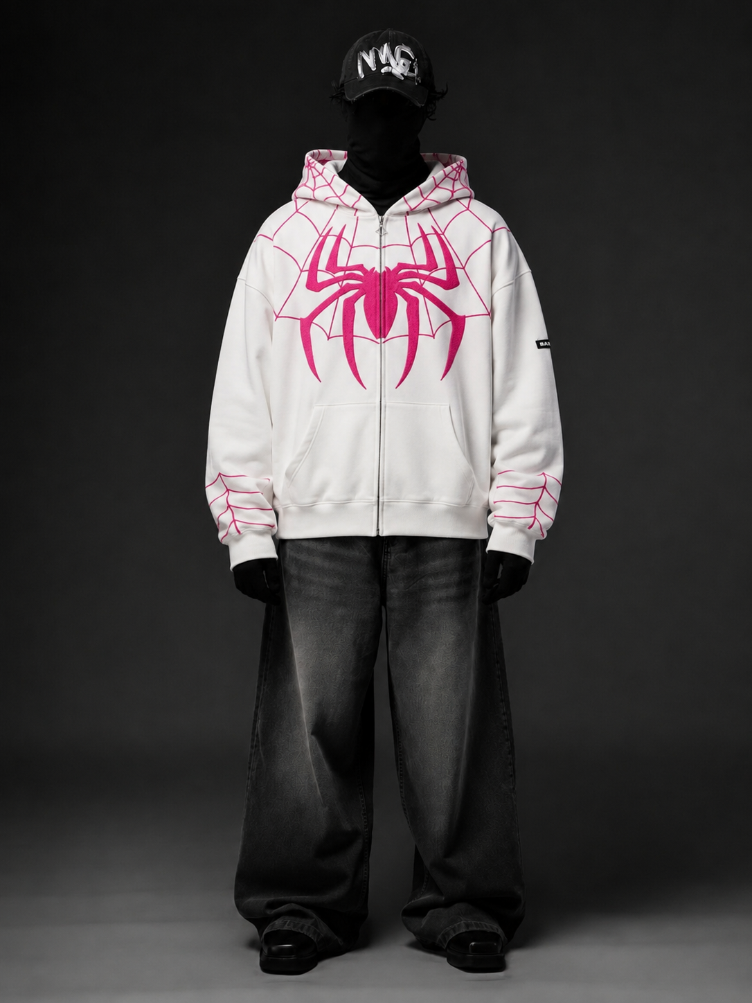 White Spider Web Zip-Up Hoodie,,