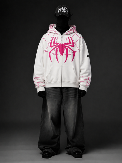 White Spider Web Zip-Up Hoodie,,