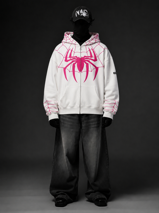 White Spider Web Zip-Up Hoodie,,