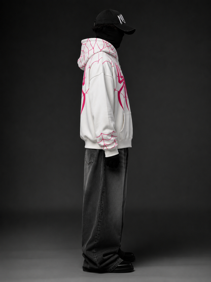 White Spider Web Zip-Up Hoodie,,