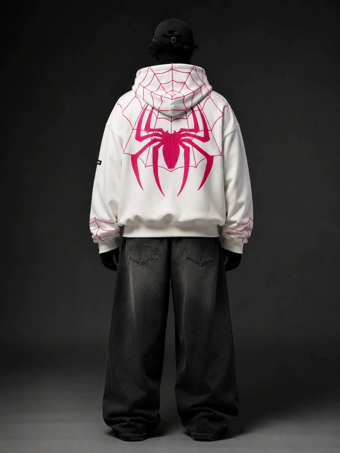 White Spider Web Zip-Up Hoodie,,
