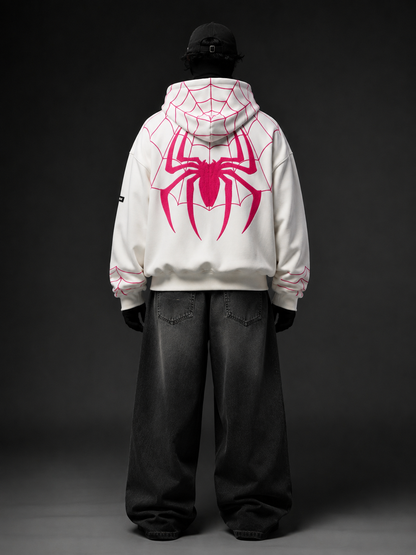 White Spider Web Zip-Up Hoodie,,